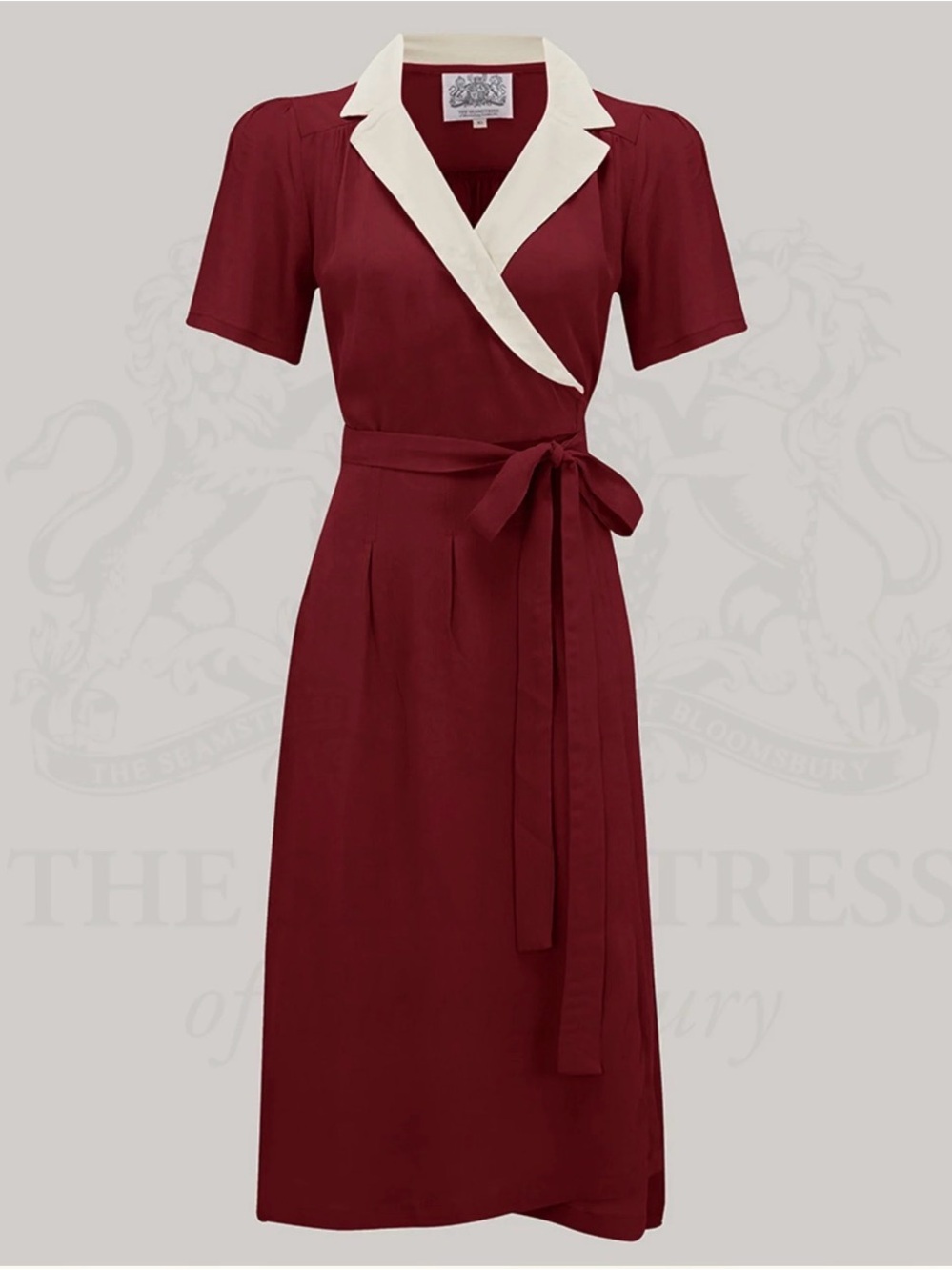 Burgundy Wrap Dress with Contrast Collar - Elegant 1940s Reproduction